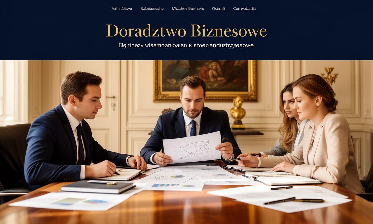 Elegancka scena doradztwa biznesowego z zespołem przy stole, dokumentami strategicznymi i ciepłym, profesjonalnym wnętrzem